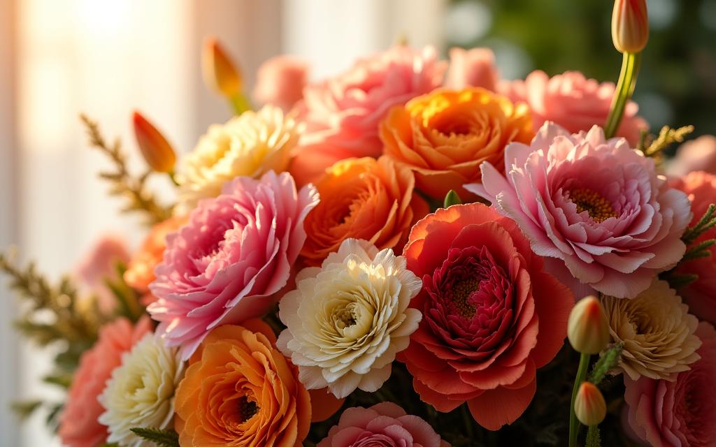 Primer plano de un exuberante y artístico ramo de flores de Viento Pétalo.