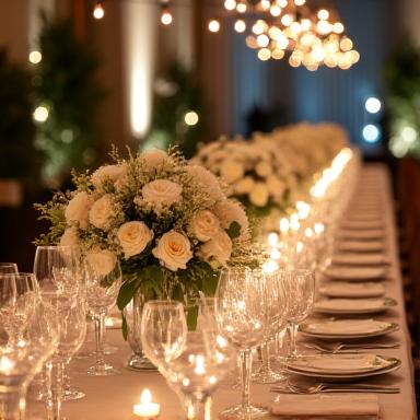 Mesa de banquete de boda elegantemente decorada con arreglos florales.