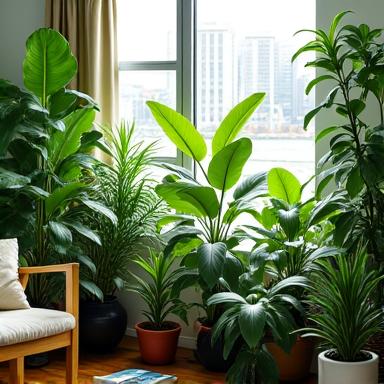 Interior con varias plantas de interior de diferentes tamaños.