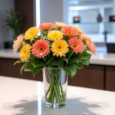 Recepción de oficina moderna con un elegante jarrón de flores frescas.