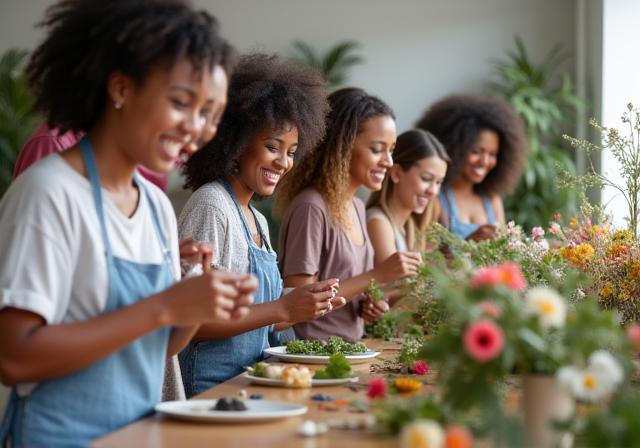 Un grupo de personas sonriendo mientras aprenden a hacer arreglos florales en un taller.